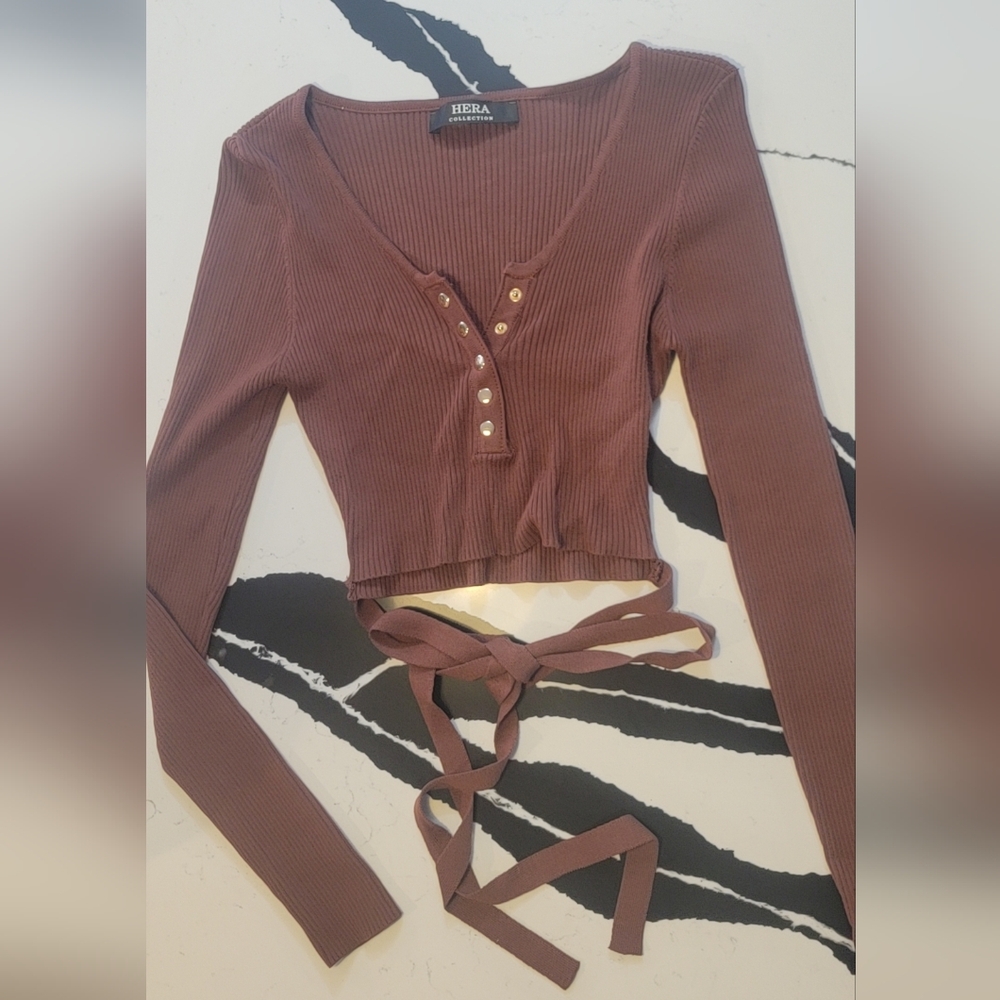 Elegant Brown Ribbed Long Sleeve Top